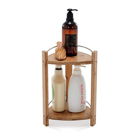 GOBAM Bamboo Shower Corner Caddy, Medium - 2 Tier Standing Shower Stand for Shampoo, Conditioner, Lotion, Soap - Caddy Organizer for Kitchen, GOBAM