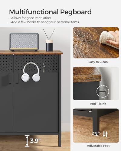 SONGMICS Storage Sideboard, Buffet Table with Adjustable Shelves, Floor Storage Cupboard, Steel Frame, Rustic Brown and Black ULSC102B01 SONGMICS