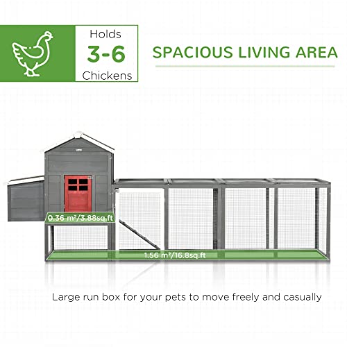 PawHut 118" Extra Large Chicken Coop with Asphalt Roof, Wooden Hen House with Slide-Out Tray, Quail Hutch with Nesting Box, Gray - WoodArtSupply