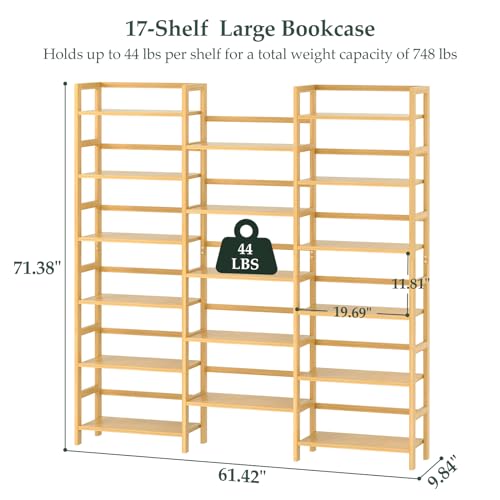 Homykic 6-Tier Triple Wide Bamboo Bookshelf with 17 Open Shelves – 6ft Tall Freestanding Bookcase for Home and Office - WoodArtSupply