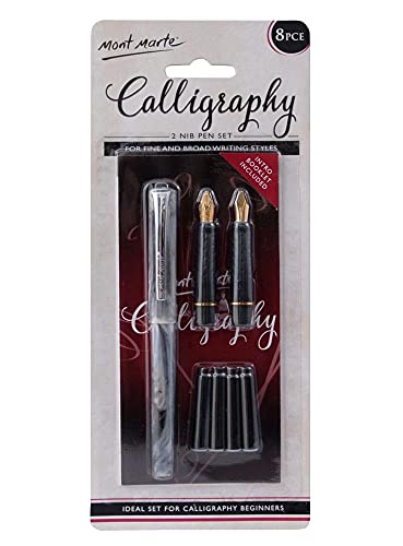 MONT MARTE 2 Nib Calligraphy Set, 8 Piece. Includes 1 Calligraphy Pen, 2 Calligraphy Nibs, 4 Black Ink Cartridges and an Instruction Booklet with MONT MARTE