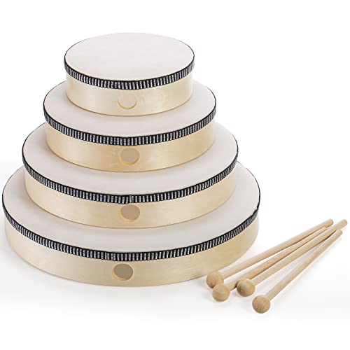 Foraineam 4 Pack Hand Drum 12 Inch 10 Inch 8 Inch 6 Inch Wood Drum Set Musical Educational Percussion Instrument Wooden Frame Drum with Drum Sticks Foraineam