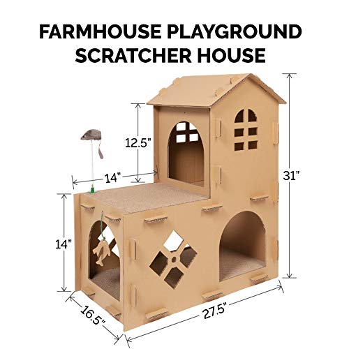 Furhaven Multi-Level Cardboard Cat House w/ Catnip for Indoor Cats, Ft. Scratching Pads & Toys - Farmhouse Corrugated Cat Scratcher Hideout - Furhaven