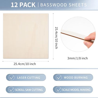 12 Pack Basswood Plywood Sheets 10x10x1/8 Inch-3 mm Thick Unfinished Plywood Sheets Thin Basswood Boards Square Craft Wood Sheets for DIY Crafts,