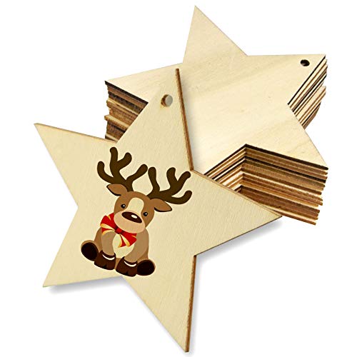 obmwang 50 Pieces Natural Wooden Star Cutouts Unfinished Predrilled Wooden Star Embellishments with Natural Twine for Christmas, DIY Craft, Party