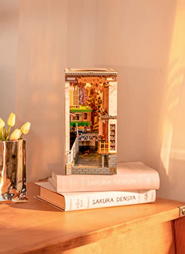 ROBOTIME DIY Book Nook Kit Decorative Bookend Insert Bookcase Book Stand Miniature House Kit with LED Light Creative Gift for Birthdays (Sakura Tram) ROBOTIME