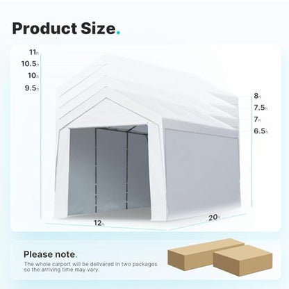 ADVANCE OUTDOOR 12x20 ft Heavy Duty Carport with Sidewalls and Doors, Adjustable Height from 9.5 ft to 11 ft, Car Canopy Garage Party Tent Boat