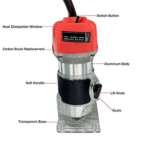 Cozyel 110V 800W Palm Router Electric Hand Trimer Wood Router 1/4" Collets Woodworking Tool Laminate Trimer, Red Cozyel