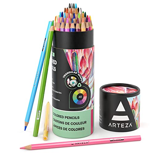 ARTEZA Colored Pencils for Adult Coloring, 48 Colors, Soft Drawing Pencils, Highly-Pigmented, Wax-Based Core, Professional Art Supplies for Artists,