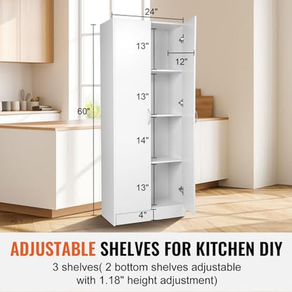 VEVOR Food Storage Cabinet, Freestanding Pantry with 2 Adjustable Shelves Engineered Wood Utility for Kitchen, Laundry, Dining Room, White - WoodArtSupply