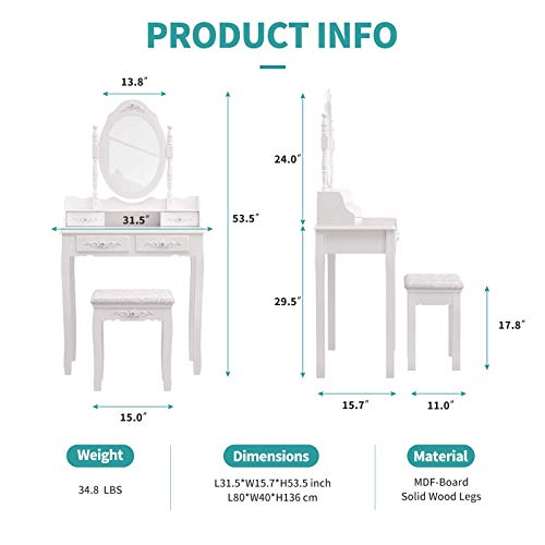 Mecor Vanity Table Set ,Makeup Table with Oval Mirror & Stool, Bedroom Wood Dressing Table with 4 Drawers White - WoodArtSupply