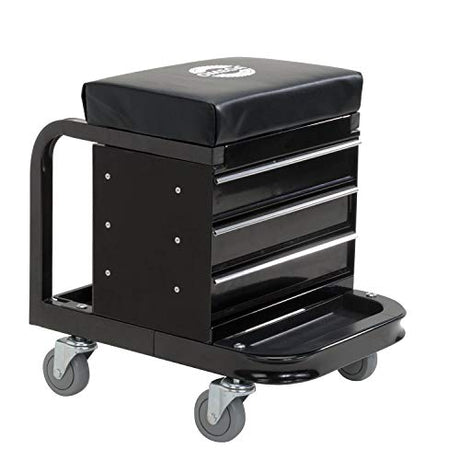 Omega-Lift Mechanic Stool with Wheels – Tool Box with Padded Chair Seat and Rolling Wheels for Garage – 450 Lbs Capacity Omega Lift Equipment