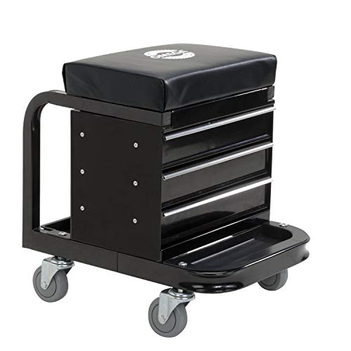 Omega-Lift Mechanic Stool with Wheels – Tool Box with Padded Chair Seat and Rolling Wheels for Garage – 450 Lbs Capacity - WoodArtSupply