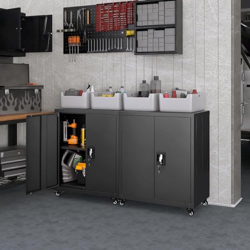 GREATMEET Metal Storage Cabinet with Locking Doors and Adjustable Shelves,31.5" H Steel Storage Cabinet with Wheels for Office,Home,Garage,Classroom