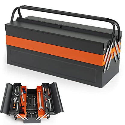 Nightcore 27” x 21” x 8.5” Metal Tool Box, 5-Tray Cantilever Tool Box with 3 Levels Fold Out Organizer Storage, Portable Folding Tool Organizer with