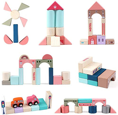 CICITOYWO Wooden Building Blocks Set Wood Kids Construction Stacker Stacking Preschool Learning Educational Preschool Toys Kit for Toddler 3+ Year CICITOYWO