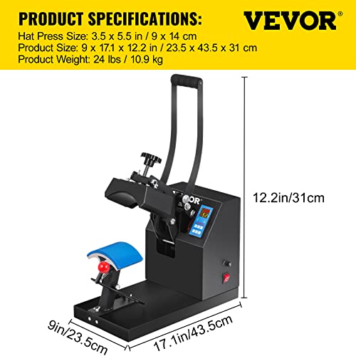 VEVOR Heat Press 6x3.75Inch Curved Element Hat Press Clamshell Design Heat Press for Hats Rigid Steel Frame No Stick Digital LCD Timer and