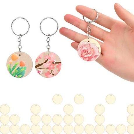 BUYGOO 100Pcs Blank Round-Shaped Wooden Keychain Set, 1.5 inch Unfinished Discs Wooden Circles with 100Pcs Key Rings Personalized Wood Keychain Key BUYGOO