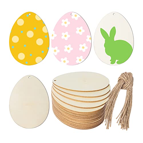 Easter Wooden Easter Egg Cutouts Unfinished Wooden Cutouts Blank with Twines Wood Slices Ornaments for Christmas Birthday Party Happy Easter Spring - WoodArtSupply