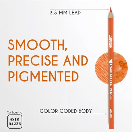 Zenacolor Professional Watercolor Pencils, Set of 72, Metal Box with Brush - Drawing Set for Coloring, Blending and Layering Books, Adult or Kids Zenacolor