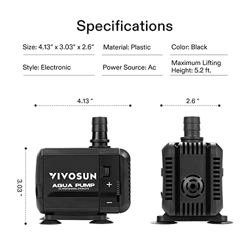 VIVOSUN 400GPH Submersible Pump(1500L/H, 15W), Ultra Quiet Water Pump with 5.2ft High Lift, Fountain Pump with 5ft Power Cord, 3 Nozzles for Fish VIVOSUN