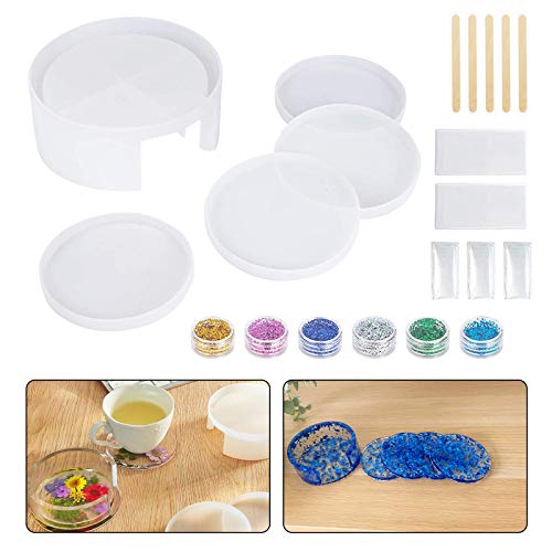 Coaster Molds for Resin Casting, 4PCS Coaster Molds/w Silicone Coaster Storage Box Mold, Epoxy Resin Molds Kit for DIY, Home Decoration