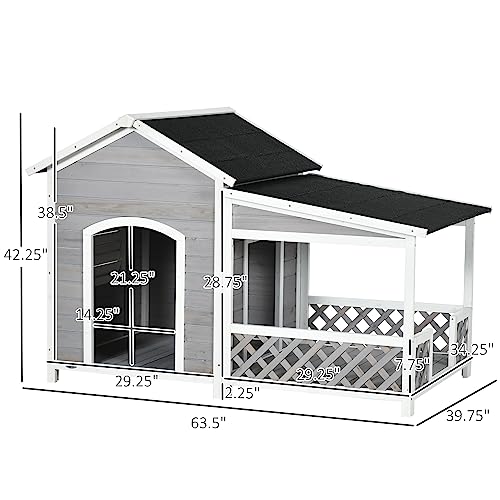 PawHut Wooden Dog House Outdoor with Porch, Cabin Style Raised Dog Shelter with Asphalt Roof, Doors, and Shutter Window, for Medium Large Sized Dog, PawHut