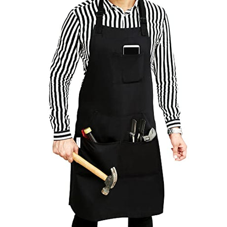RUVANTI Work Aprons for Men/Women with Pockets - Adjustable up to XXL - Professional Grade Durability - Black Apron for Barber, Chef, BBQ, Kitchen, RUVANTI