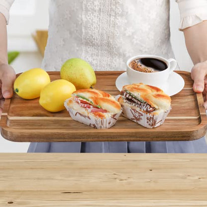 YOUEON Set of 2 Acacia Wood Serving Tray with Raised Lip, 14.2 x 9.5 Inch Rectangular Serving Tray, Appetizer Cheese Plate, Sandwich Dessert Trays,