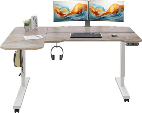 Sileye Adjustable Height L-Shaped Electric 59 Inch Sit-Stand Computer Desk with 3 Splice Boards, Lockable Casters-Ideal for Home Office, 59Inch, Oak Sileye