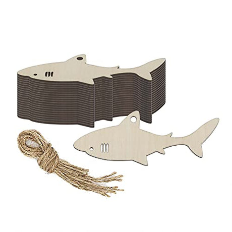 JANOU 20pcs Shark Shape Unfinished Wood Cutouts DIY Crafts Blank Hanging Gift Tags Ornaments with Ropes for Summer Ocean Sea Theme Party Decoration, JANOU