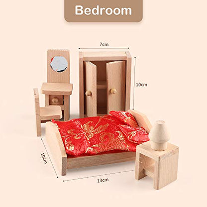 5 Set Dollhouse Furniture Accessories Wooden Bathroom/Living Room/Dining Room/Bedroom/Kitchen House 6 Family Doll Decoration Pretend Play Kids