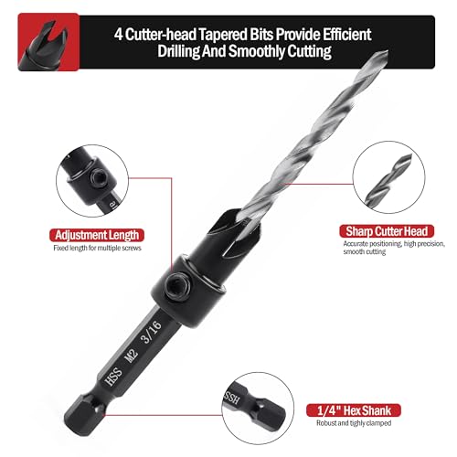 AIMLENTOOL Countersink Drill Bit Set, 3PCS Tapered Drill Bits, M2 Countersink Set with 1/4" Hex Shank Quick Change and 1 Allen Wrench for AIMLENTOOL