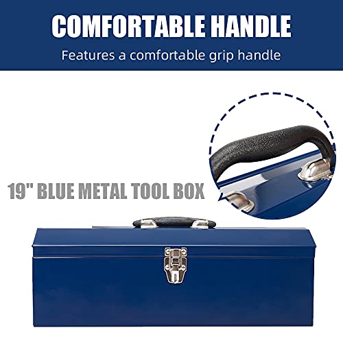 HPDMC Hip Roof Style Portable Steel Tool Box with Metal Latch Closure and Removable Storage Tray, 19" Blue 19.1" L x 6.1" W x 6.5" H HPDMC