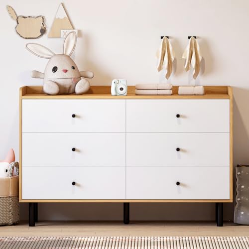 MAISONPEX Dresser for Bedroom with 6 Drawers and Metal Handle,Sturdy Frame Modern Bedroom Furniture, Chest of Drawers, White Dressers with Drawers - WoodArtSupply