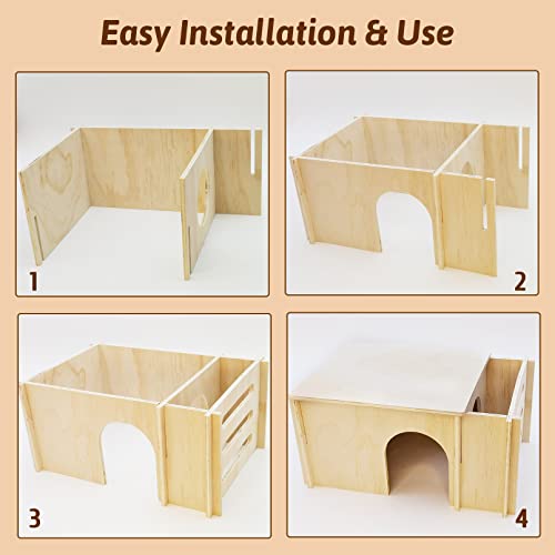 Fhiny Guinea Pig Wood House with Hay Feeder, Detachable Chinchilla Hut Hideout Small Animal Hideout Hideaway Natural Hamster Habitat Decor for Guinea Fhiny