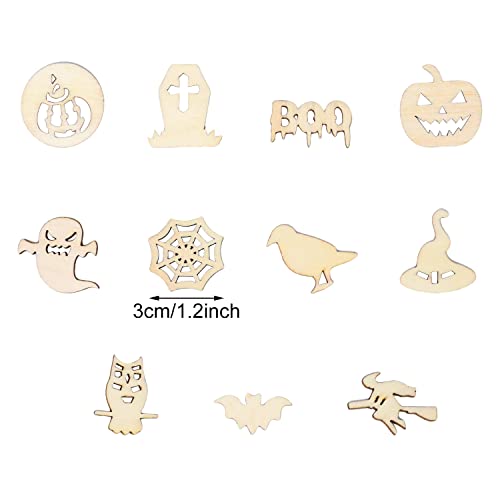 yueton 100PCS Mini Pumpkins Ghosts Spider Webs Witch Hats Bats Halloween Unfinished Blank Wood Pieces Wood Slices Wood Chips Embellishments for DIY