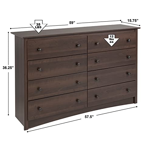 Prepac Fremont 8 Drawer Double Dresser for Bedroom, 15.75" D x 59" W x 36.25" H, Espresso Prepac
