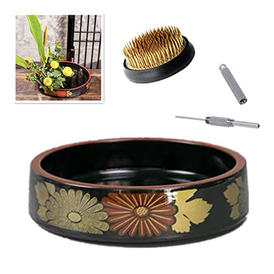 Japanese Flower Frog Ikebana Vase Kit Flower Container with 2.4" Floral Frog and 2 in 1 Kenzan Needle Straightening Tool-8.3" Plastic Ikebana Bowl