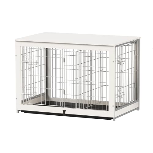 Piskyet Wooden Dog Crate Furniture with Divider Panel, Dog Crate End Table with Fixable Slide Tray, Double Doors Dog Kennel Indoor for Large Piskyet