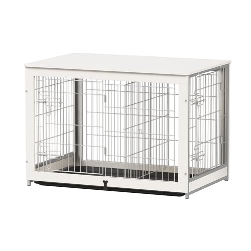 Piskyet Wooden Dog Crate Furniture with Divider Panel, Dog Crate End Table with Fixable Slide Tray, Double Doors Dog Kennel Indoor for Large - WoodArtSupply