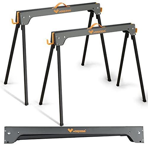WORKESS Saw Horses 2 Pack, Heavy Duty Folding Portable Saw Horses Table 2200 Lbs Load Capacity with 2x4 Support Legs, Fast Open Legs and Easy Grip WORKESS