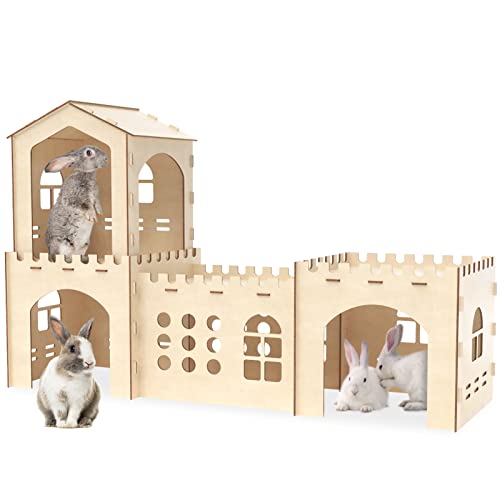 Woiworco Extra Large Rabbit Hideout, Wooden Rabbit Castle Bunny Spacious Breathable Hideouts for Indoor Bunnies, Hamsters and Guinea Pigs Hut to Hide Woiworco