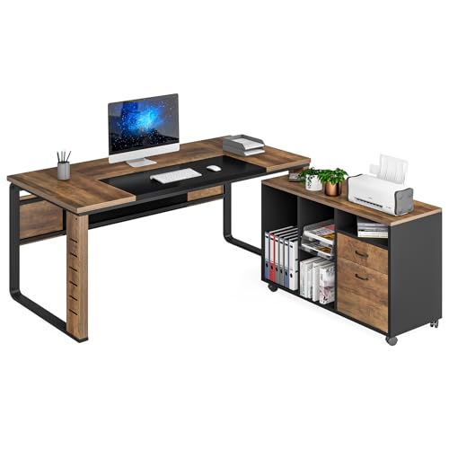 LITTLE TREE 59'' Large Executive Desk with 39.4'' File Cabinet, L-Shaped Computer Desk with Drawer Cabinet, Industrial Wooden Corner Desk Business