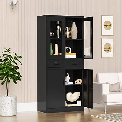 AFAIF Glass Display Cabinet with Drawers, Lockable Metal Storage Cabinets with 2 Adjustable Shelves, 71'' Tall Locking Cabinets Modern Liquor Cabinet
