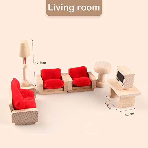 5 Set Dollhouse Furniture Accessories Wooden Bathroom/Living Room/Dining Room/Bedroom/Kitchen House 6 Family Doll Decoration Pretend Play Kids Gemileo