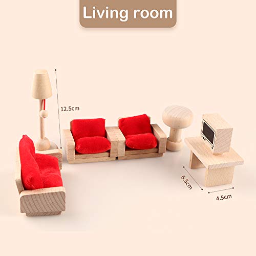 5 Set Dollhouse Furniture Accessories Wooden Bathroom/Living Room/Dining Room/Bedroom/Kitchen House 6 Family Doll Decoration Pretend Play Kids