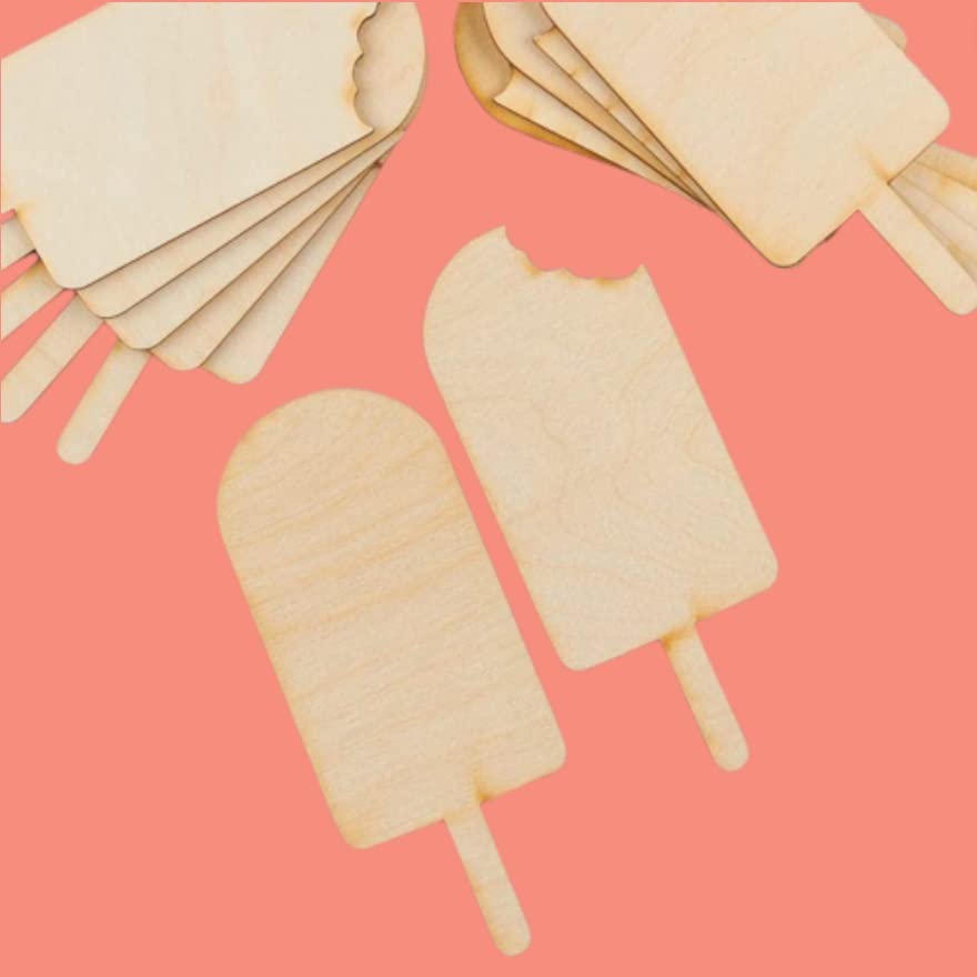 Pack of 12 Unfinished Wood Popsicle Ice Cream Cutouts - Blank Wooden Freezer Ice Pop Craft Shapes Ready to Paint and Decorate for Summer Craft - WoodArtSupply