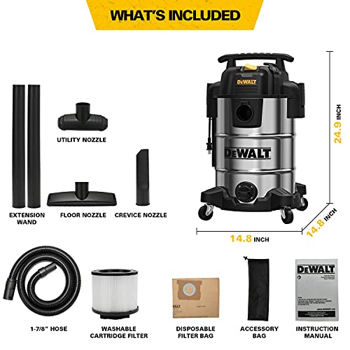DeWalt DXV08S Wet/Dry Vacuum 8 Gallon 4 Peak HP, Stainless Steel, Silver DEWALT