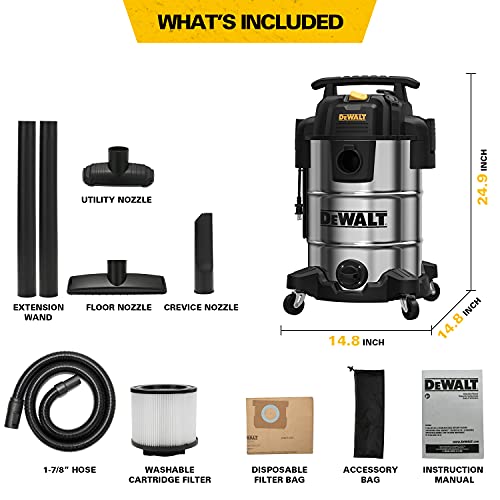 DeWalt DXV08S Wet/Dry Vacuum 8 Gallon 4 Peak HP, Stainless Steel, Silver - WoodArtSupply